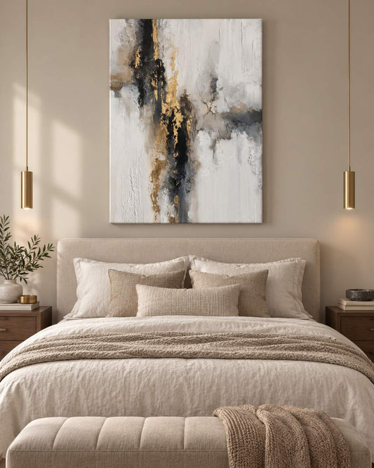 Golden Fault canvas artwork hung above the bed in a warm neutral bedroom
