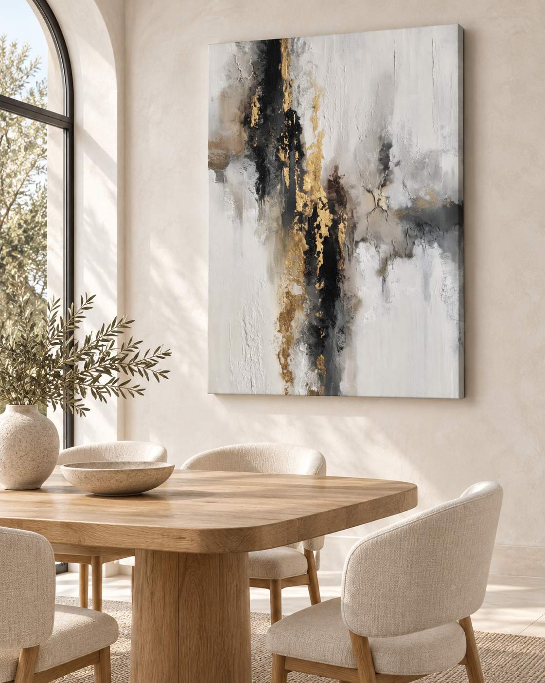 Golden Fault canvas print displayed on the wall of a sunlit dining room with a wooden table
