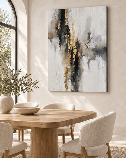 Golden Fault canvas print displayed on the wall of a sunlit dining room with a wooden table