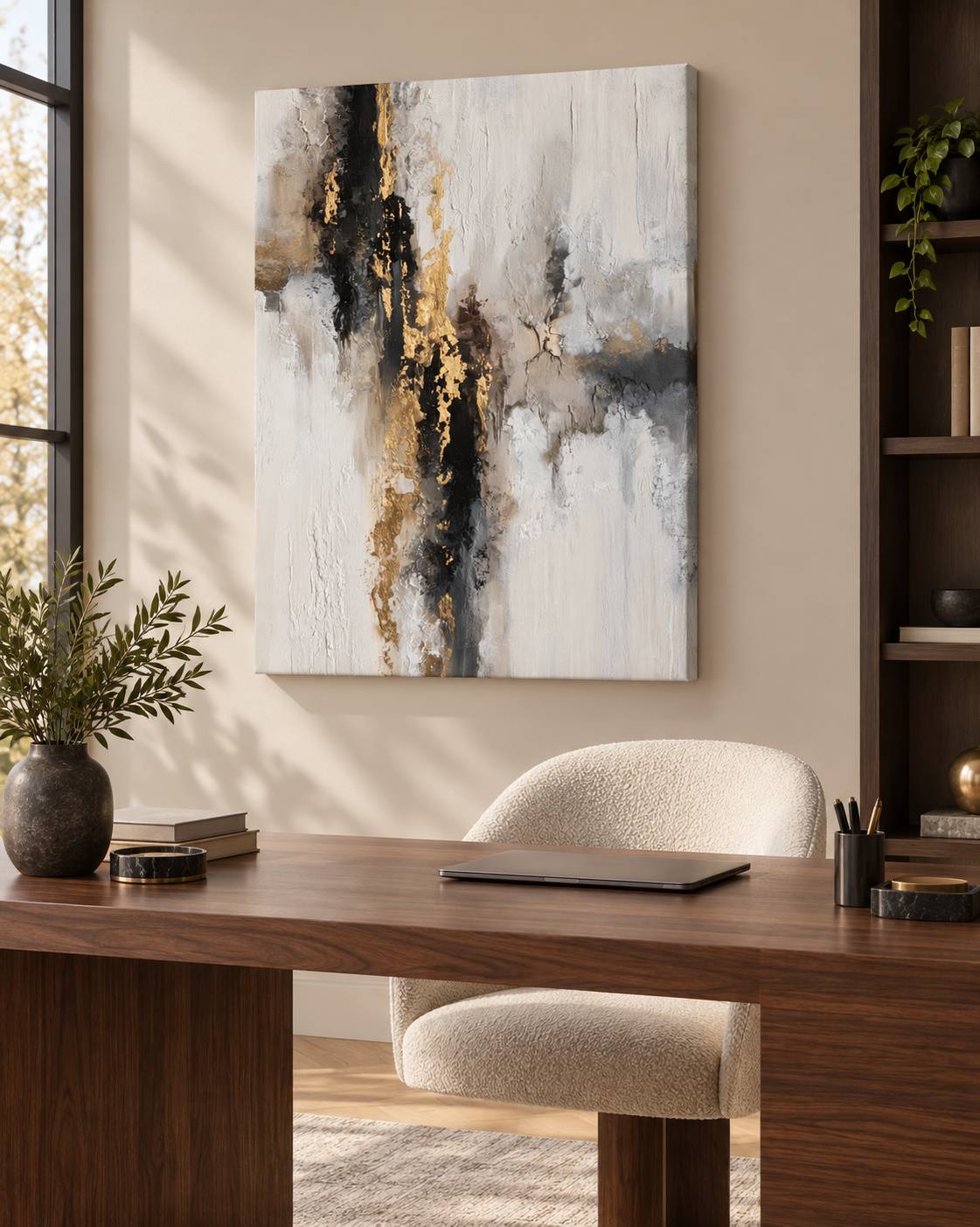 Golden Fault canvas print with gold-toned varnish details displayed above a desk in a home office