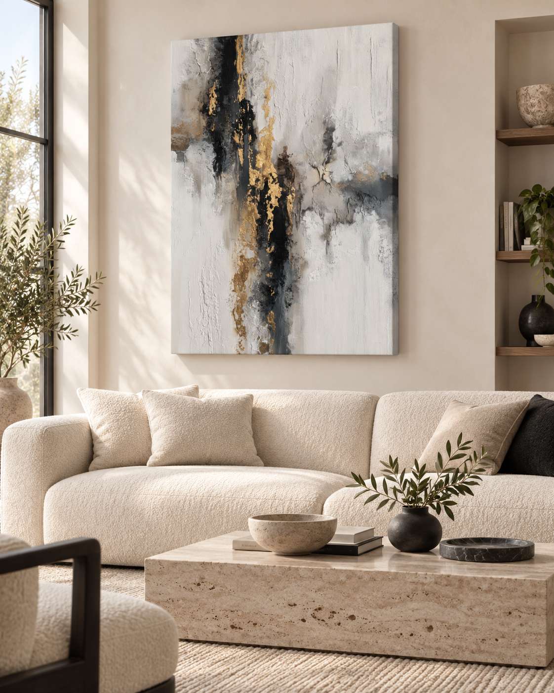 Golden Fault canvas print hung above a beige sofa in a modern living room