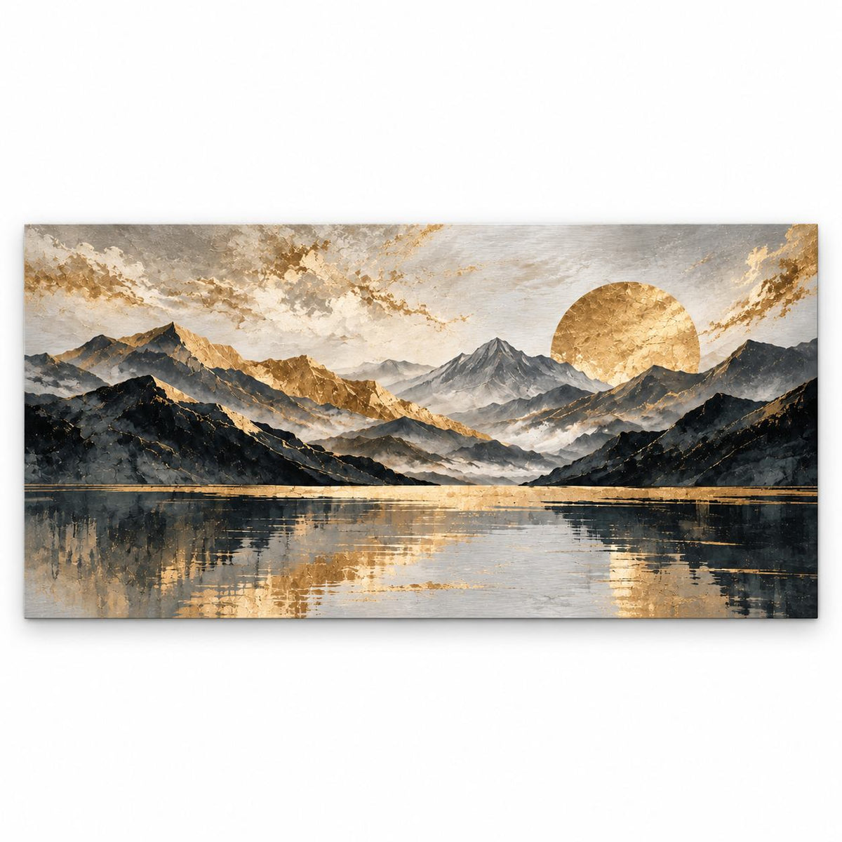 Golden Horizon aluminium print — a gold-toned sun above layered mountains and water, shown on white
