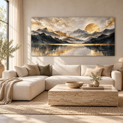 Golden Horizon aluminium print — displayed above a beige living-room sofa