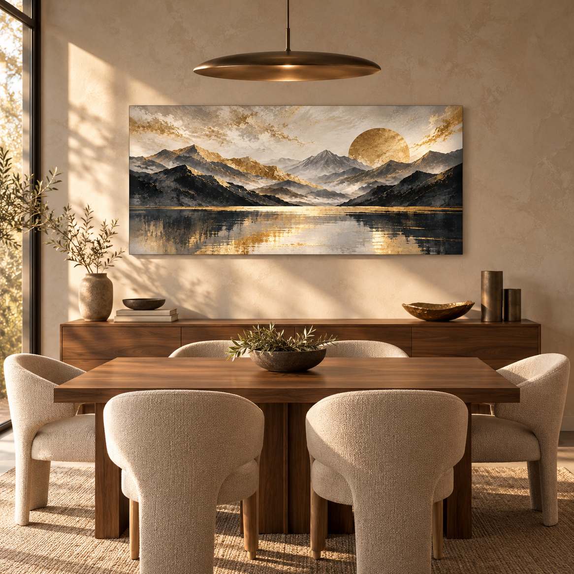 Golden Horizon aluminium print — displayed in a dining room