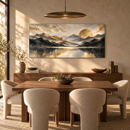 Golden Horizon aluminium print — displayed in a dining room