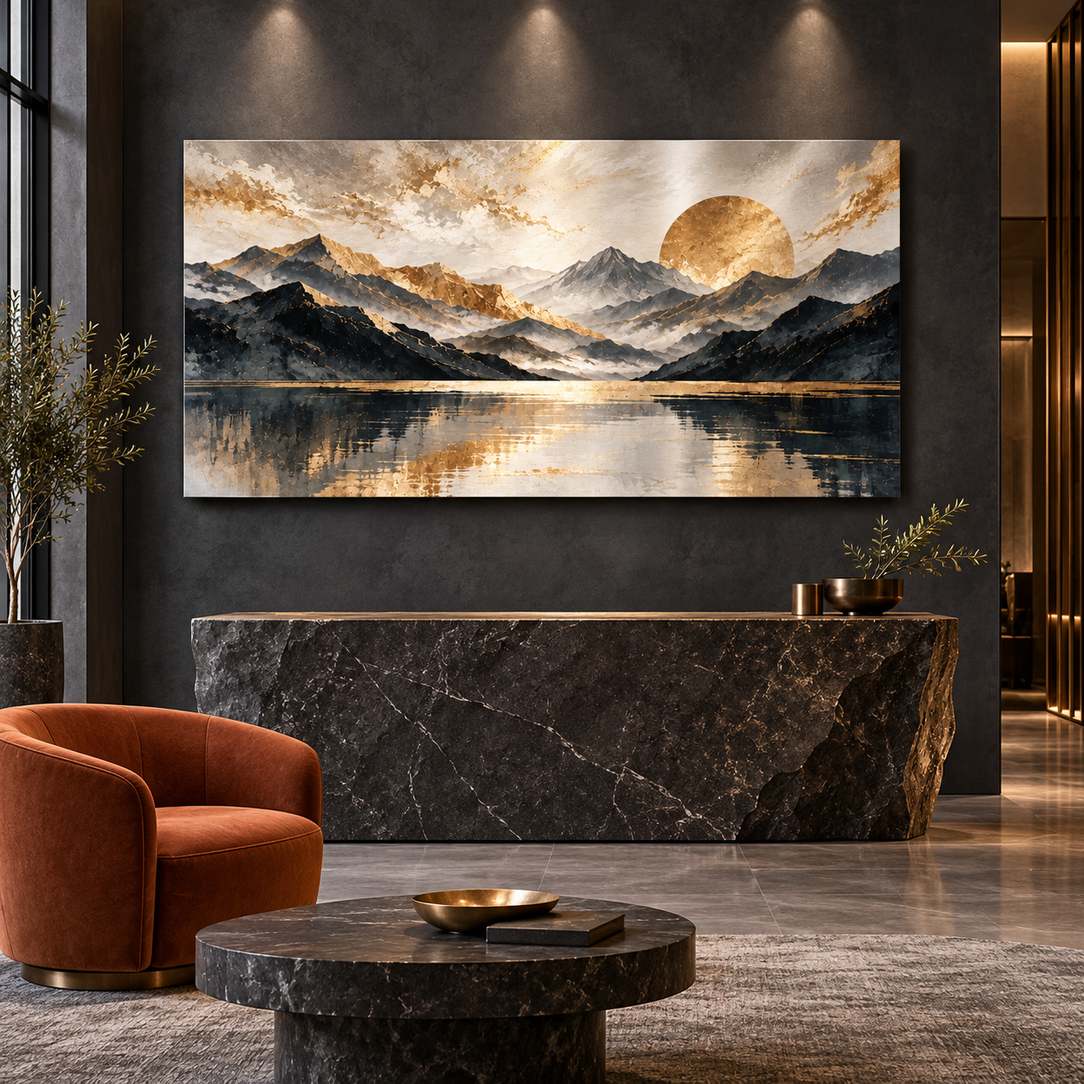 Golden Horizon aluminium print — displayed on a dark wall beside an orange lounge chair