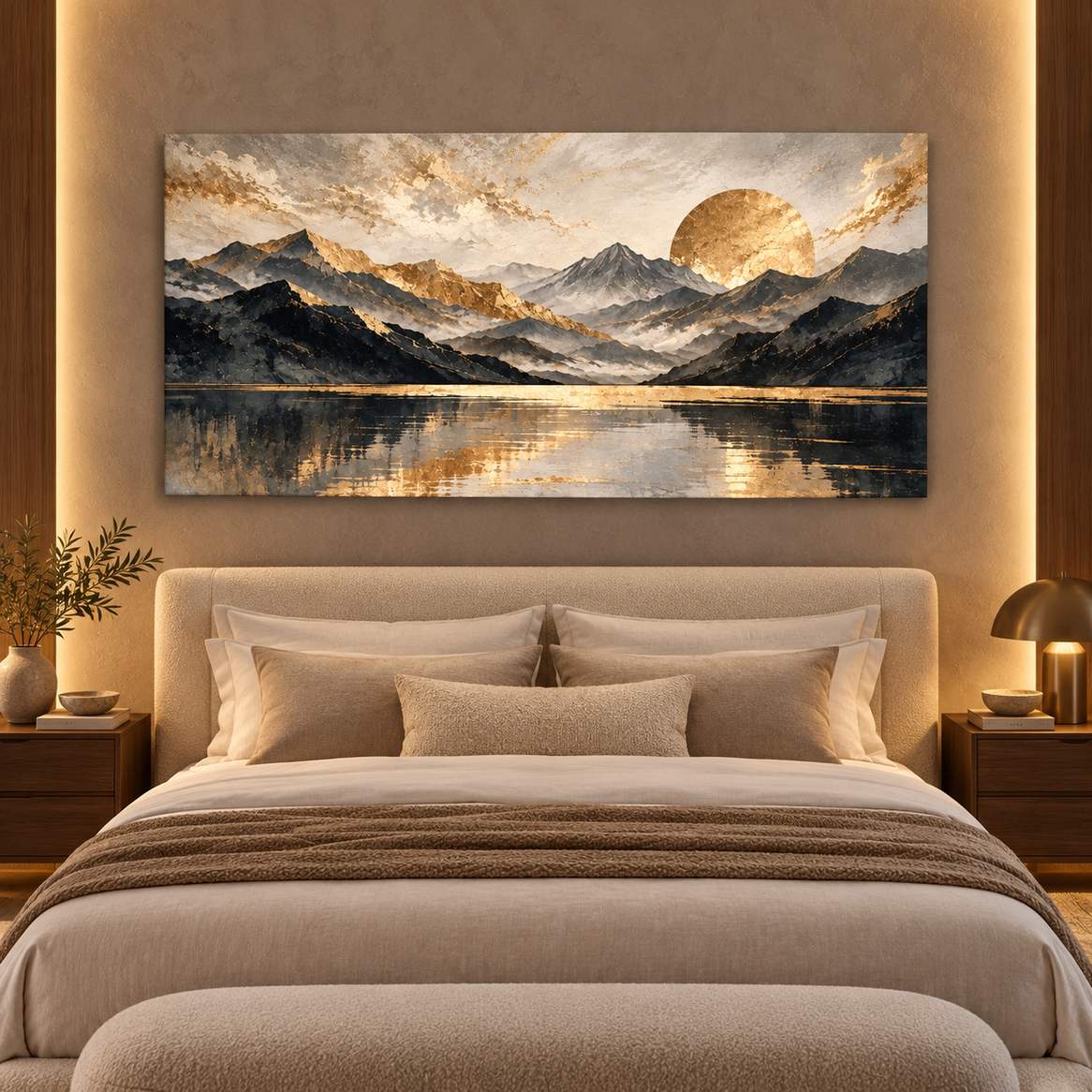 Golden Horizon aluminium print — displayed above a bedroom bed