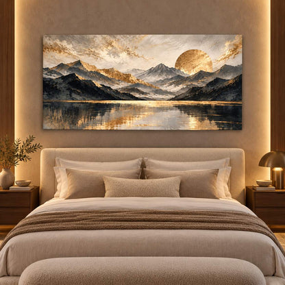 Golden Horizon aluminium print — displayed above a bedroom bed