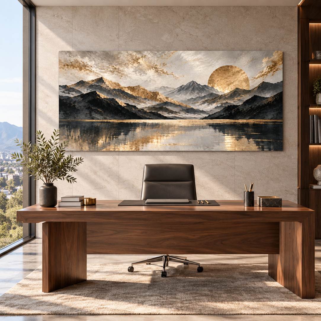 Golden Horizon aluminium print — displayed above an office desk