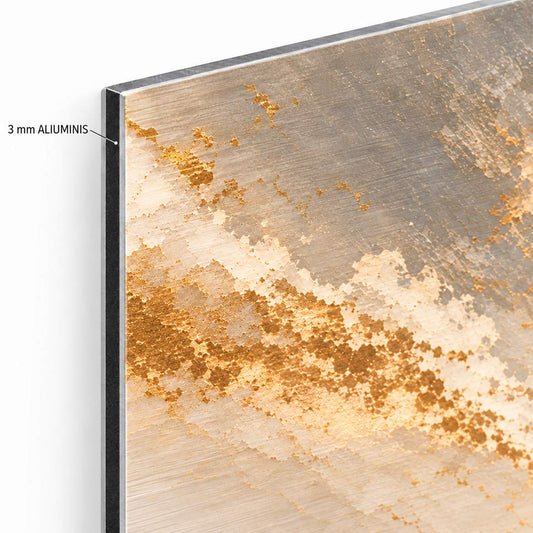 Golden Horizon aluminium print — close-up of the gold-toned print with a 3 mm aluminium annotation