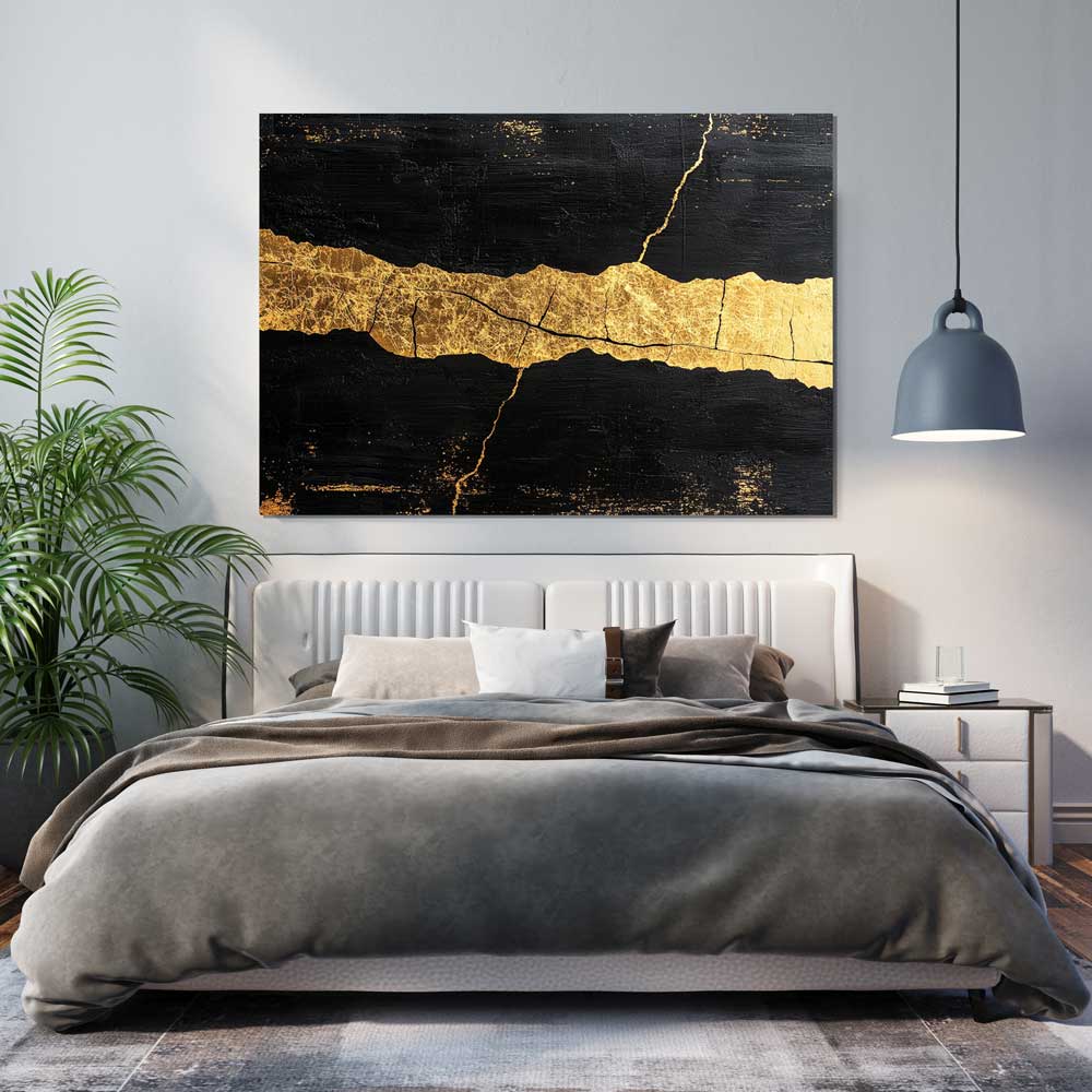 Horizontal painting above bed in modern interior