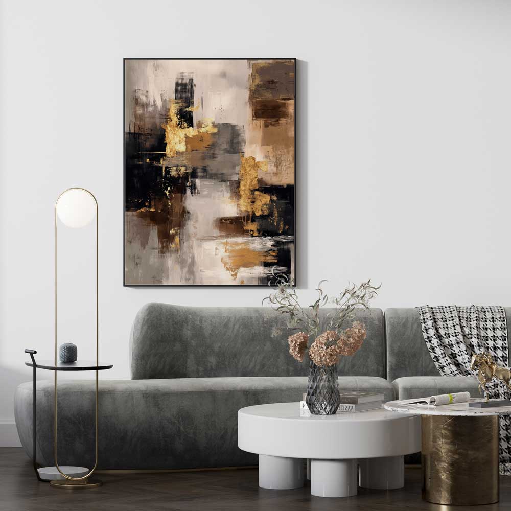 Abstract painting with black, brown, white, and gold tones