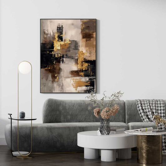 Abstract painting with black, brown, white, and gold tones