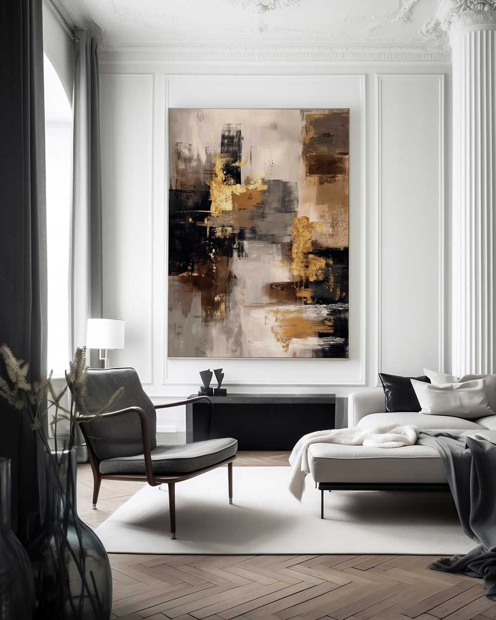 Modern canvas wall art above living room sofa