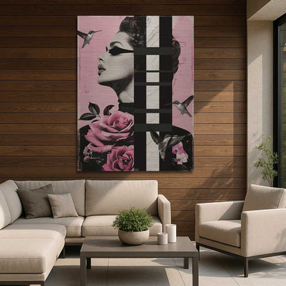 Modern pink female portrait with roses and geometric grid in interior