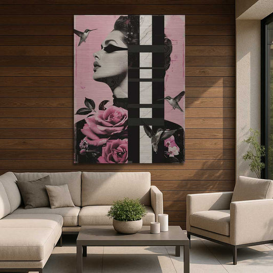 Modern pink female portrait with roses and geometric grid in interior