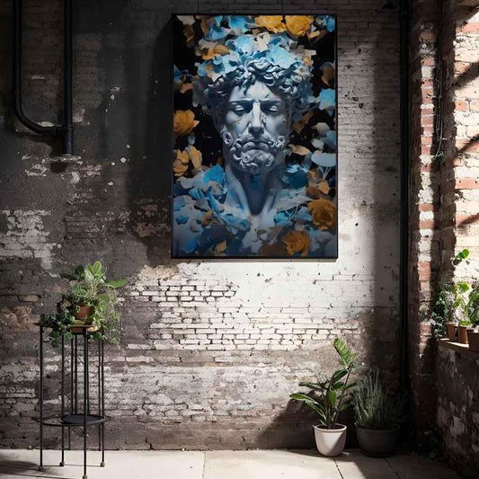 greek god statue wall art canvas print stone god modern print blue yellow art