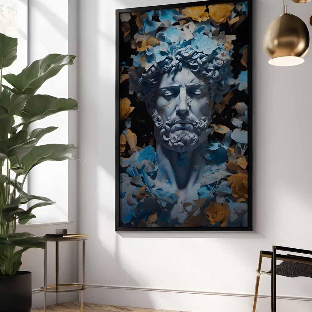 greek god statue wall art canvas print stone god modern print blue yellow art