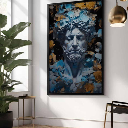 greek god statue wall art canvas print stone god modern print blue yellow art
