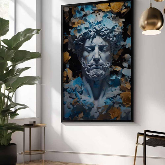 greek god statue wall art canvas print stone god modern print blue yellow art