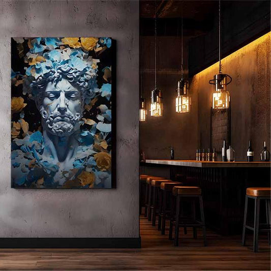 greek god statue wall art canvas print stone god modern print blue yellow art