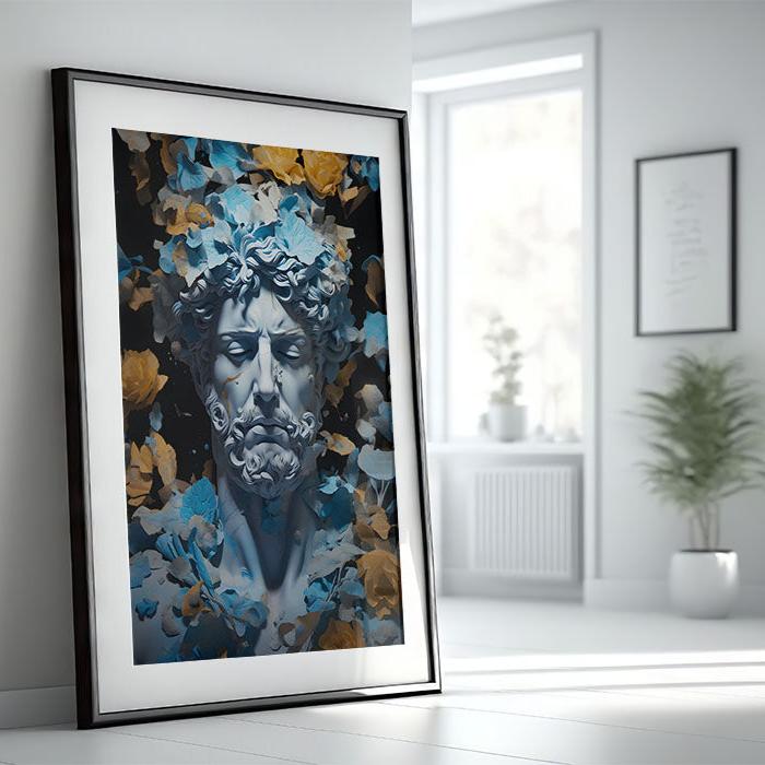 greek god statue wall art canvas print stone god modern print blue yellow art