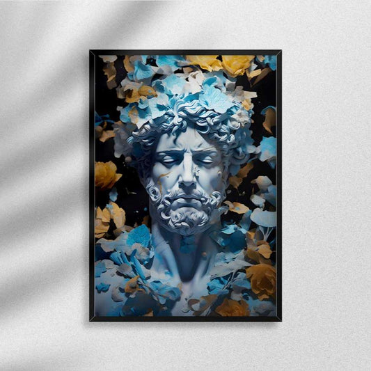 greek god statue wall art canvas print stone god modern print blue yellow art
