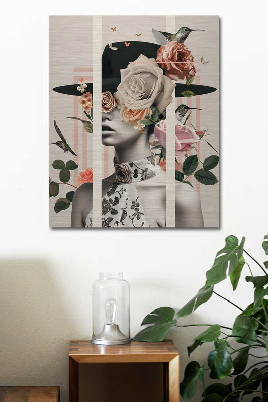 Floral female portrait with hat on bright interior wall