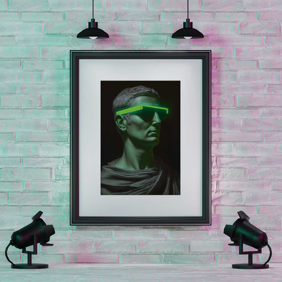 neon glasses wall art print glow in the dark art canvas man wearing neon green sunglasses neono paveikslas