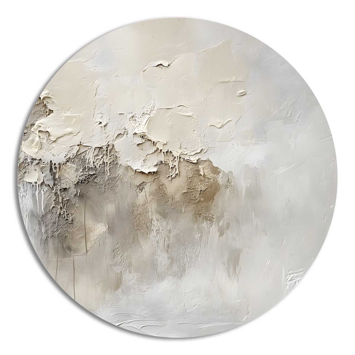 Round aluminum wall art “Light Exposure” with neutral tones and textured surface – lacquer-free