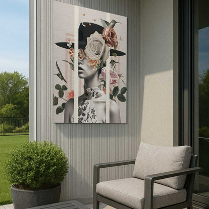 Light-toned collage artwork with woman and flowers on outdoor wall