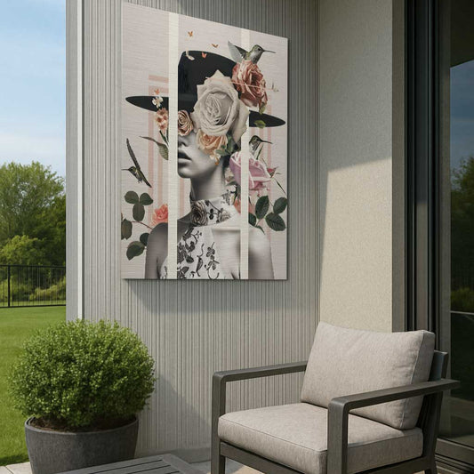 Light-toned collage artwork with woman and flowers on outdoor wall