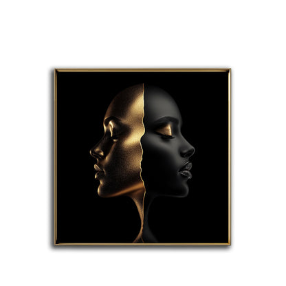 Framed black and gold dual face portrait on metal – elegant wall decor