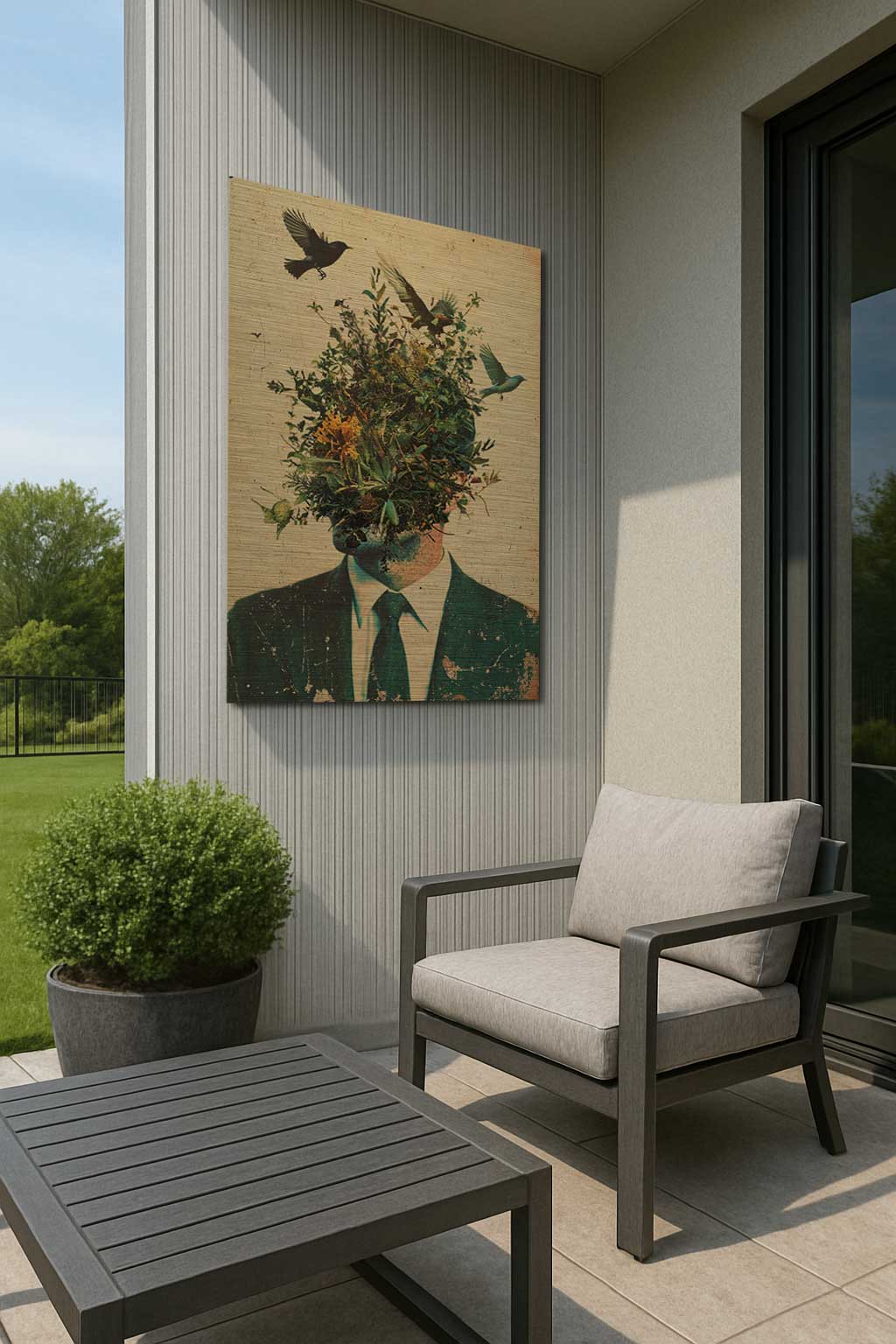 Outdoor surreal male art with flower-covered head and birds
