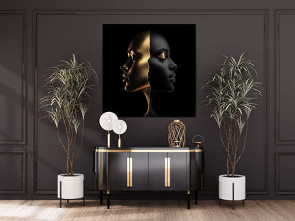 Luxury dual face artwork on metal above console in dark interior