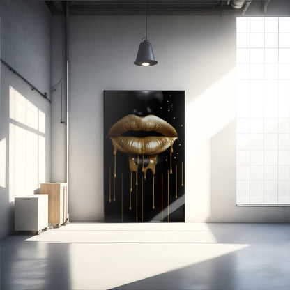 naturali sviesa golden lips paveikslas detail black face aliminium metal print