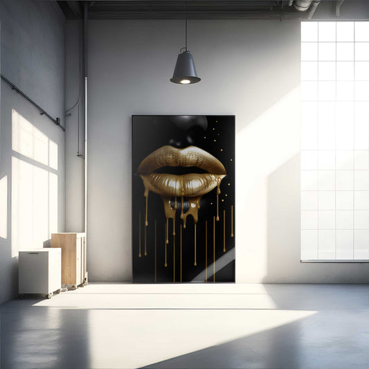 naturali sviesa golden lips paveikslas detail black face aliminium metal print
