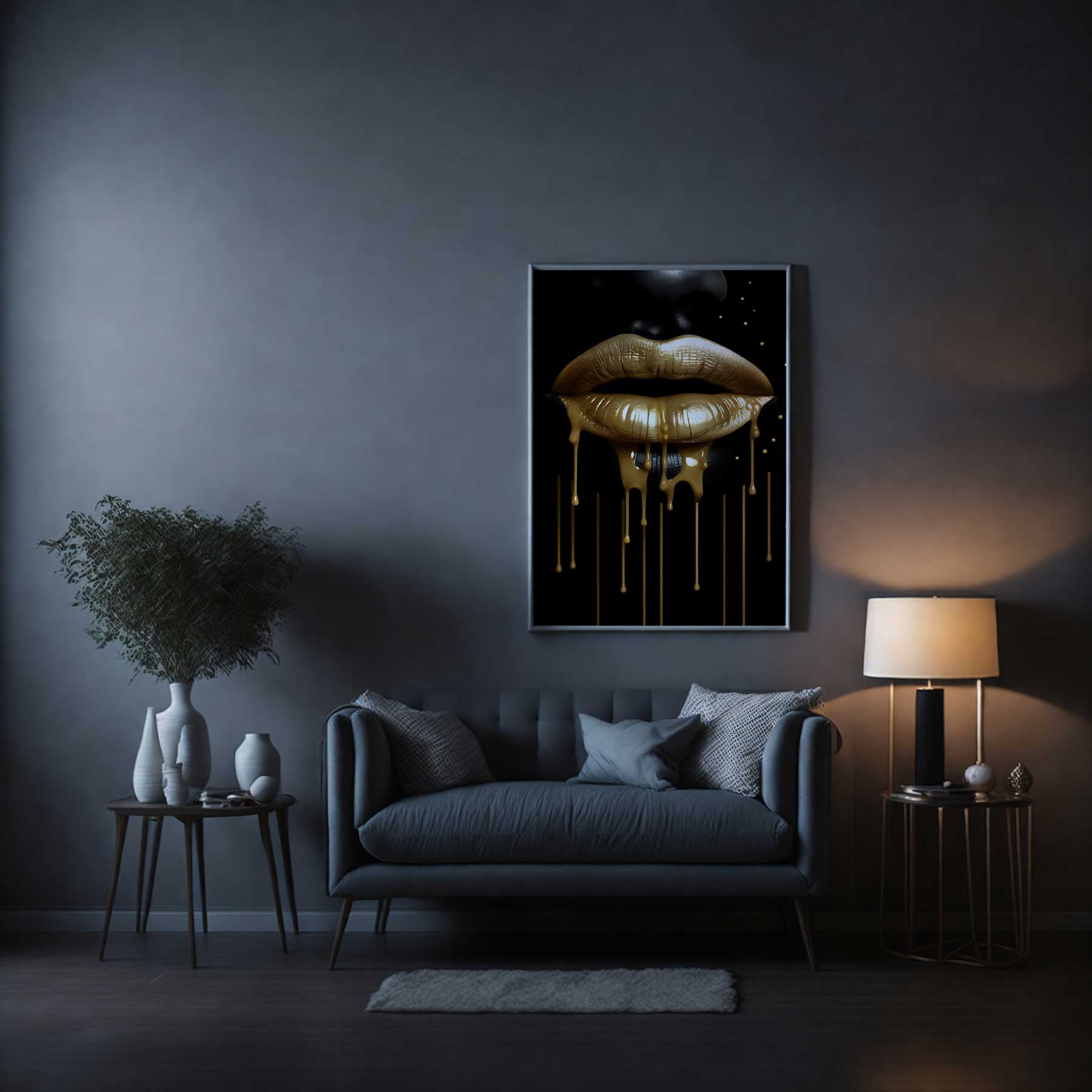 golden lips black face print aliminium interior minimalistinis paveikslas