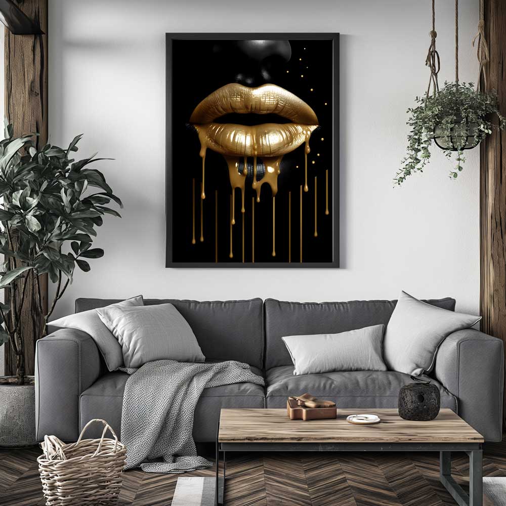 metal print aliminium black face golden lips intrejeras detalės