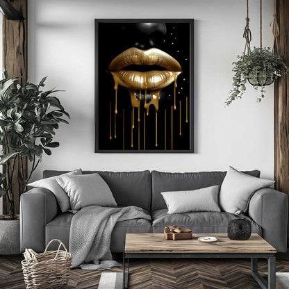 metal print aliminium black face golden lips intrejeras detalės