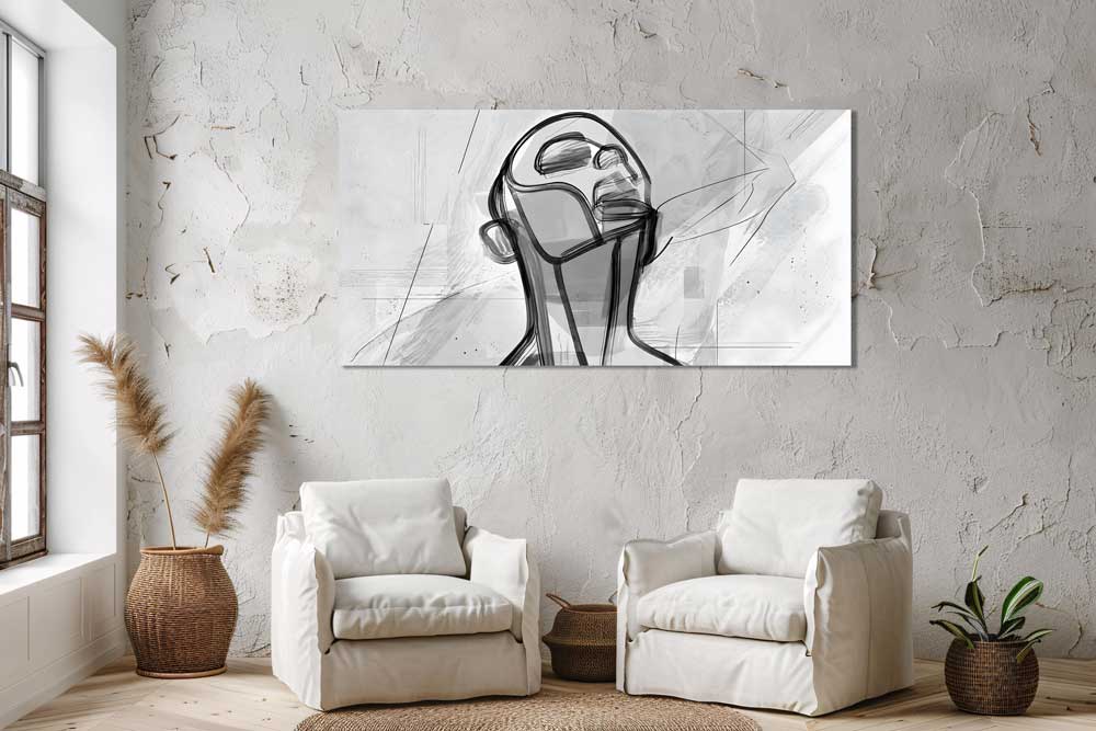 Lines of Thought canvas print displayed on a textured plaster wall above two white cushioned armchairs, with pampas grass and a potted plant