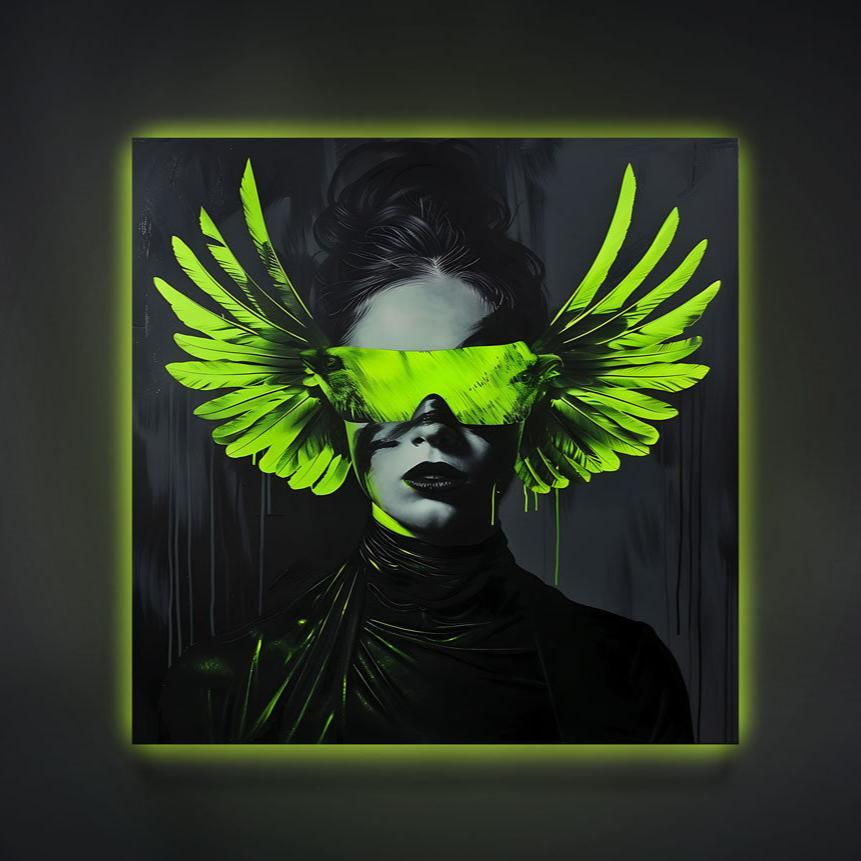 dark background wall art modern neon print glow in the dark woman parrot green neon glasses wings