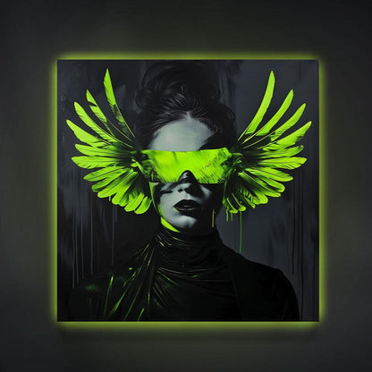 dark background wall art modern neon print glow in the dark woman parrot green neon glasses wings