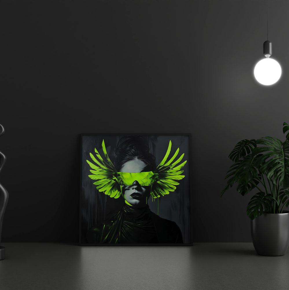 dark background wall art modern neon print glow in the dark woman parrot green neon glasses wings
