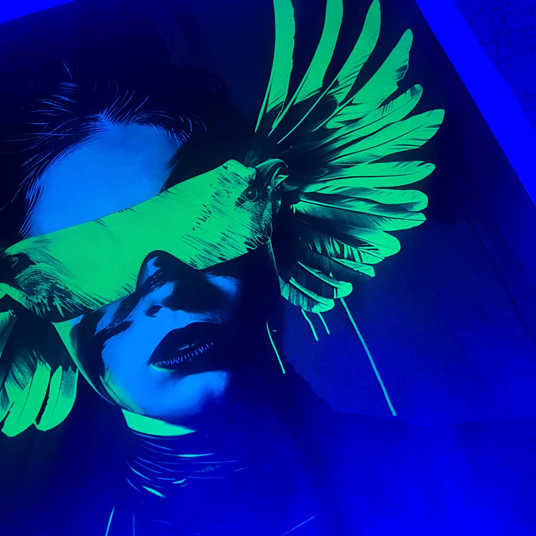 dark background wall art modern neon print glow in the dark woman parrot green neon glasses wings
