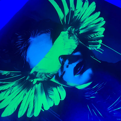 dark background wall art modern neon print glow in the dark woman parrot green neon glasses wings
