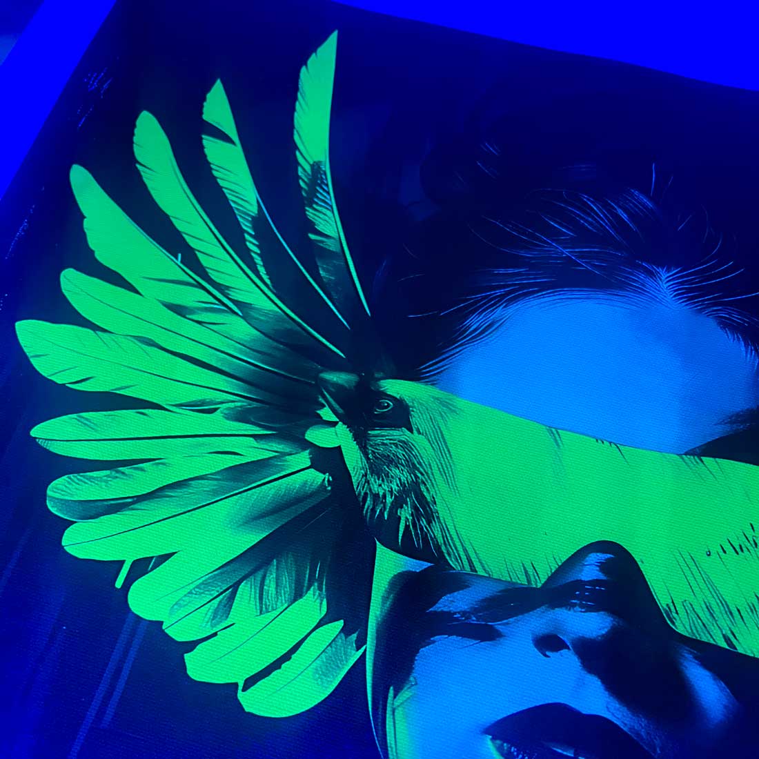 dark background wall art modern neon print glow in the dark woman parrot green neon glasses wings
