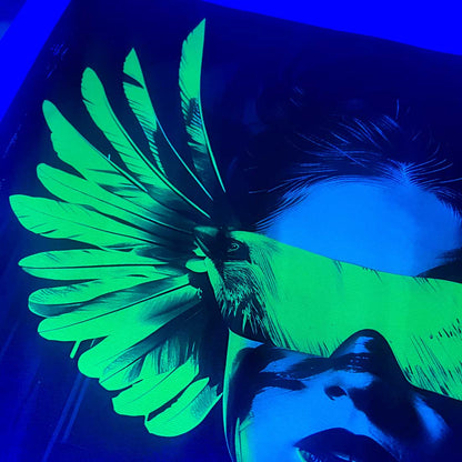 dark background wall art modern neon print glow in the dark woman parrot green neon glasses wings
