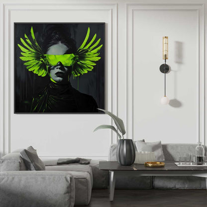 dark background wall art modern neon print glow in the dark woman parrot green neon glasses wings
