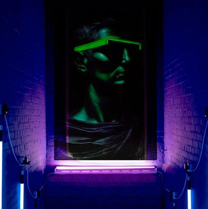 neon glasses wall art print glow in the dark art canvas man wearing neon green sunglasses underground lights uv lempa glowing art